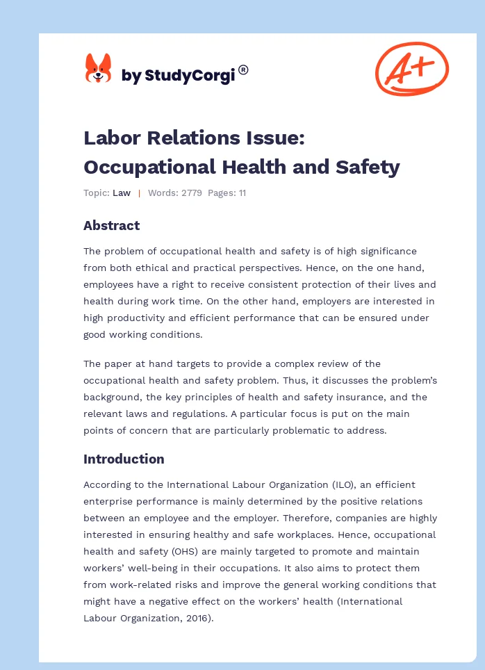 Labor Relations Issue: Occupational Health and Safety. Page 1
