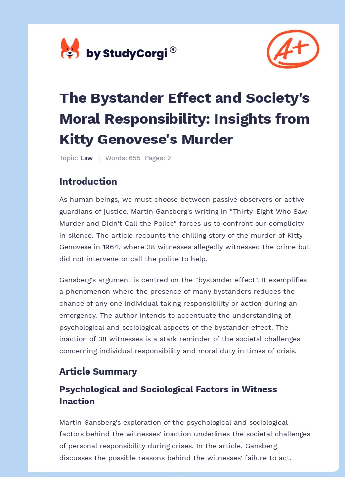 The Bystander Effect and Society's Moral Responsibility: Insights from Kitty Genovese's Murder. Page 1