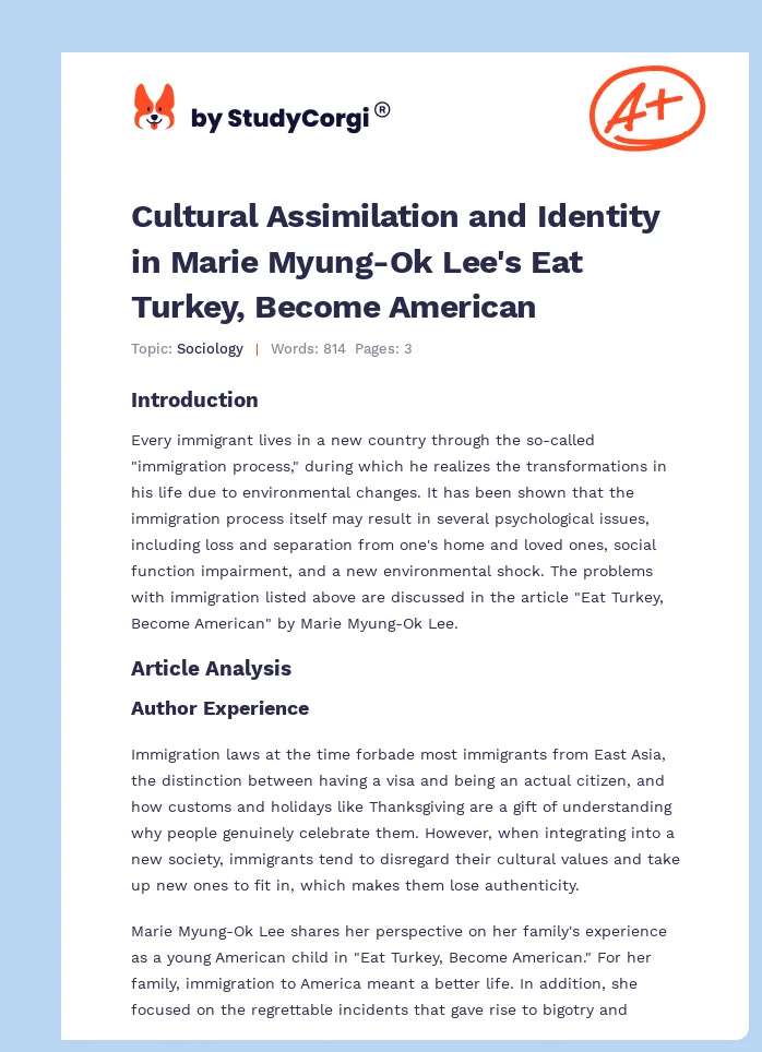 Cultural Assimilation and Identity in Marie Myung-Ok Lee's Eat Turkey, Become American. Page 1