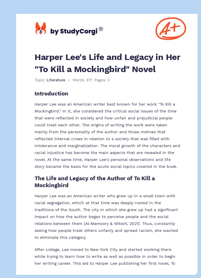 Harper Lee's Life and Legacy in Her "To Kill a Mockingbird" Novel. Page 1