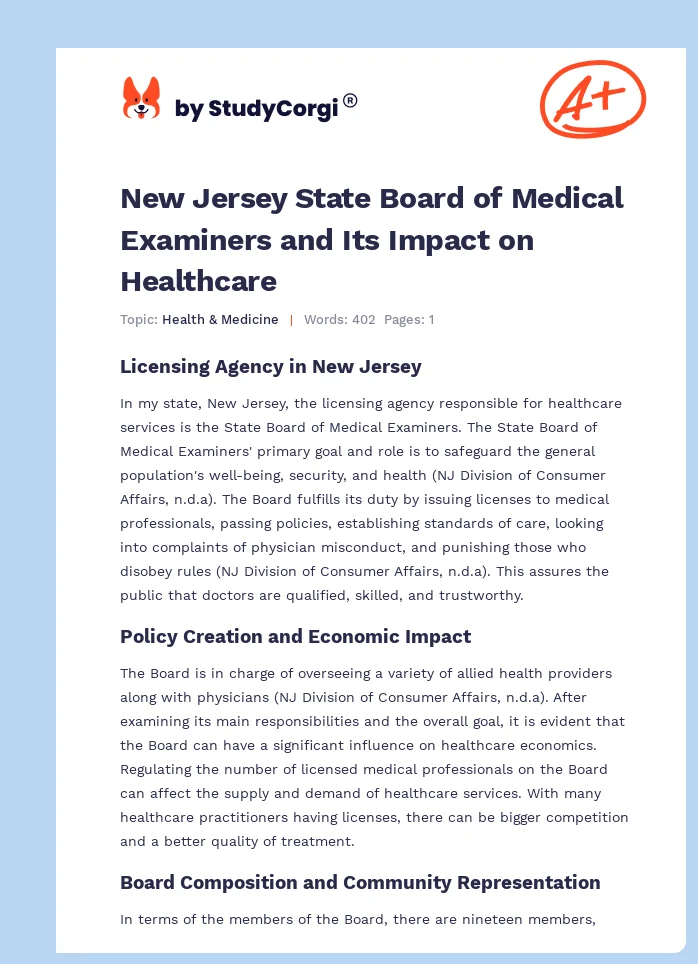 New Jersey State Board of Medical Examiners and Its Impact on Healthcare. Page 1