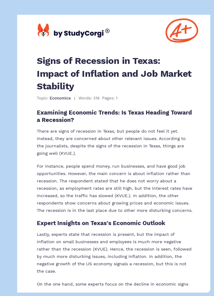 Signs of Recession in Texas: Impact of Inflation and Job Market Stability. Page 1