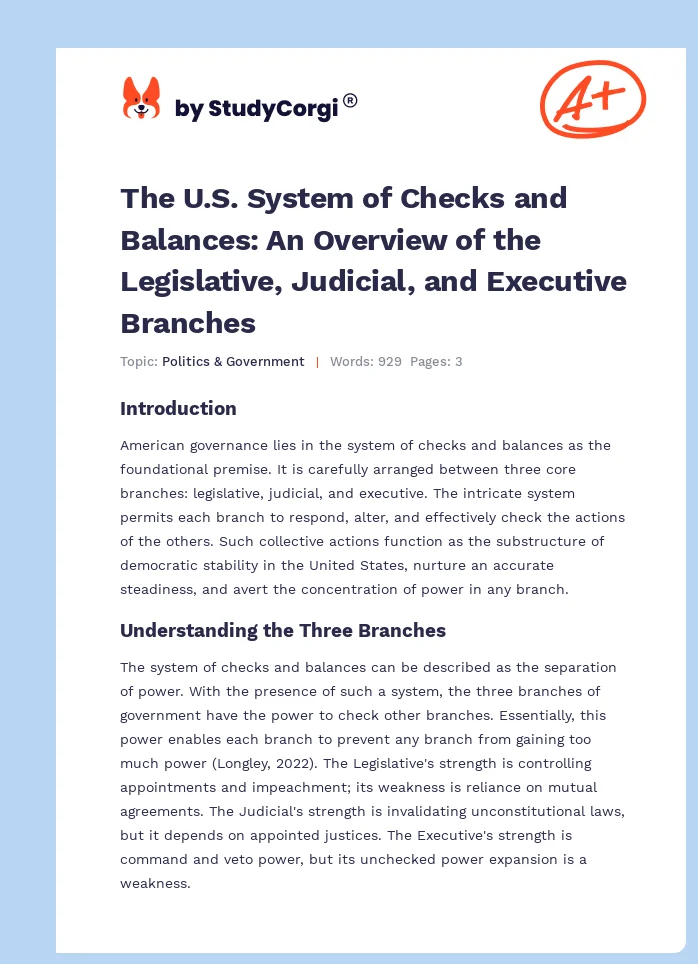 The U.S. System of Checks and Balances: An Overview of the Legislative, Judicial, and Executive Branches. Page 1