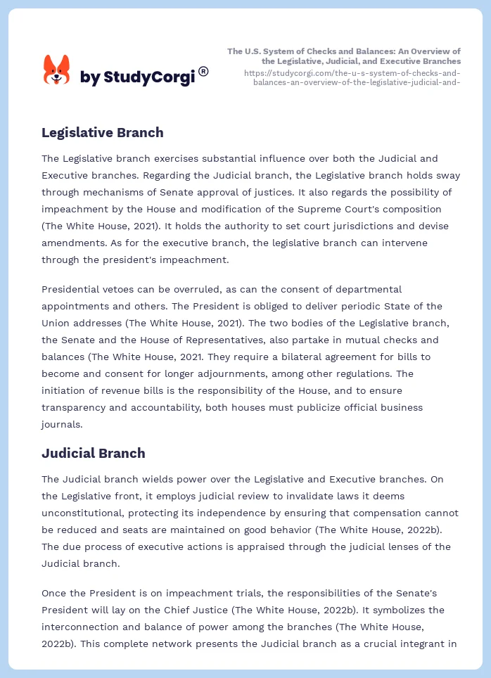 The U.S. System of Checks and Balances: An Overview of the Legislative, Judicial, and Executive Branches. Page 2