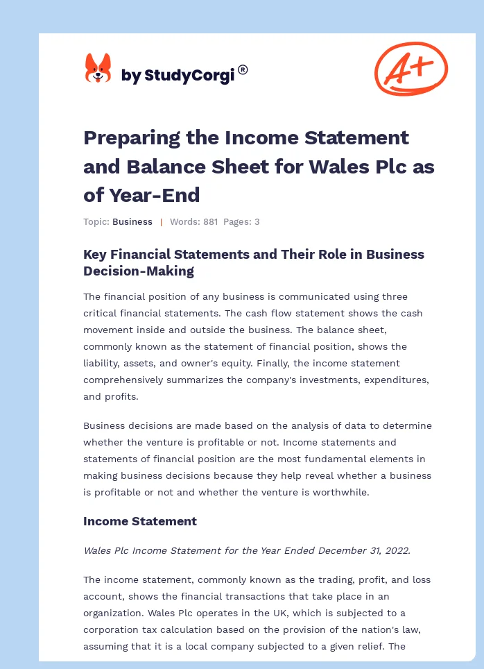 Preparing the Income Statement and Balance Sheet for Wales Plc as of Year-End. Page 1