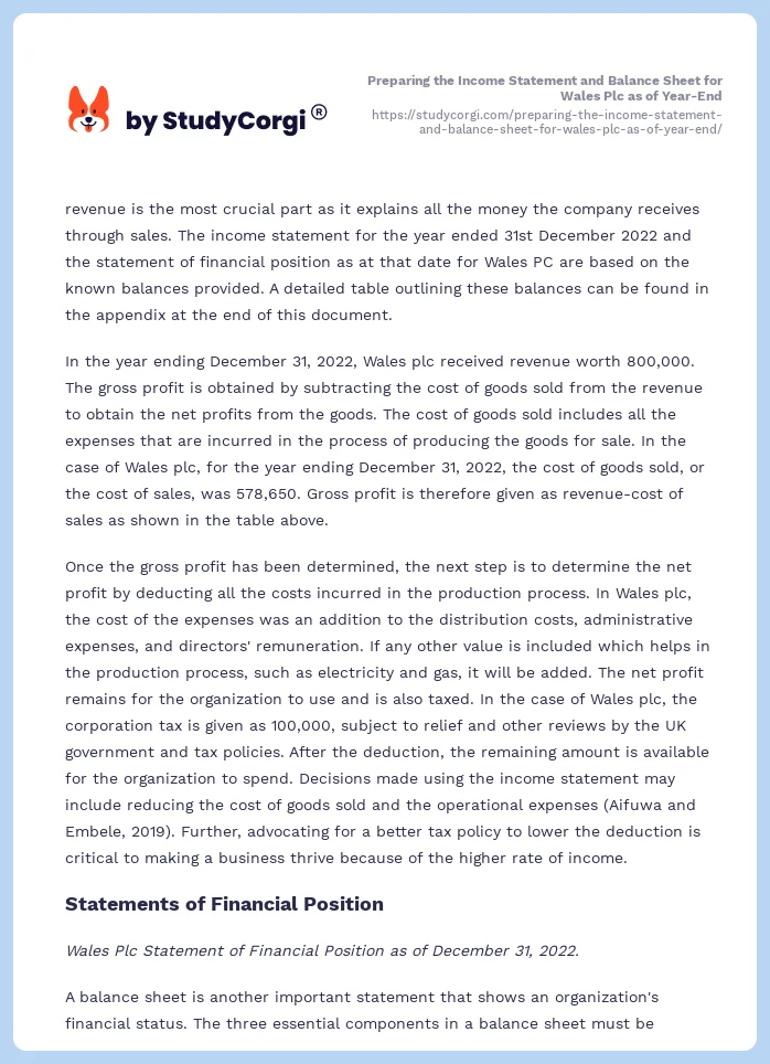 Preparing the Income Statement and Balance Sheet for Wales Plc as of Year-End. Page 2