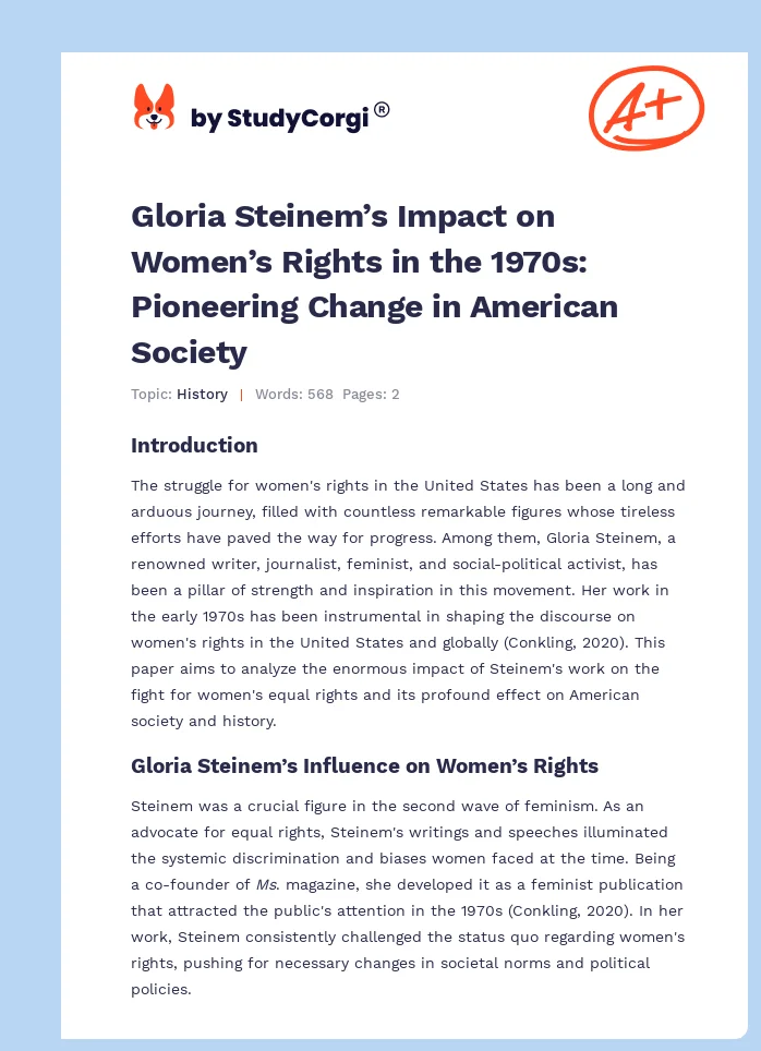 Gloria Steinem’s Impact on Women’s Rights in the 1970s: Pioneering Change in American Society. Page 1