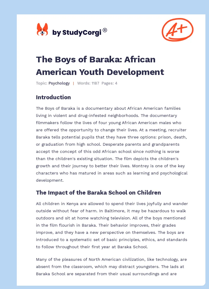 The Boys of Baraka: African American Youth Development. Page 1