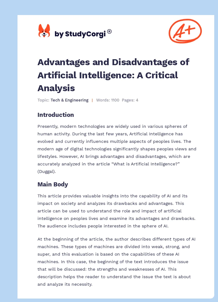 Advantages and Disadvantages of Artificial Intelligence: A Critical Analysis. Page 1