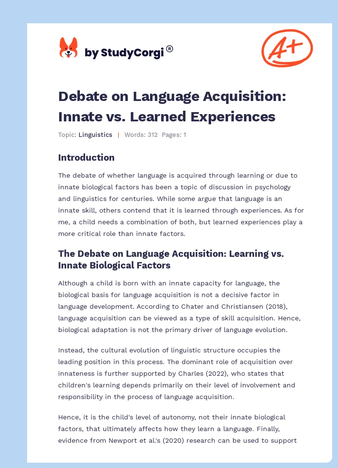 Debate on Language Acquisition: Innate vs. Learned Experiences. Page 1