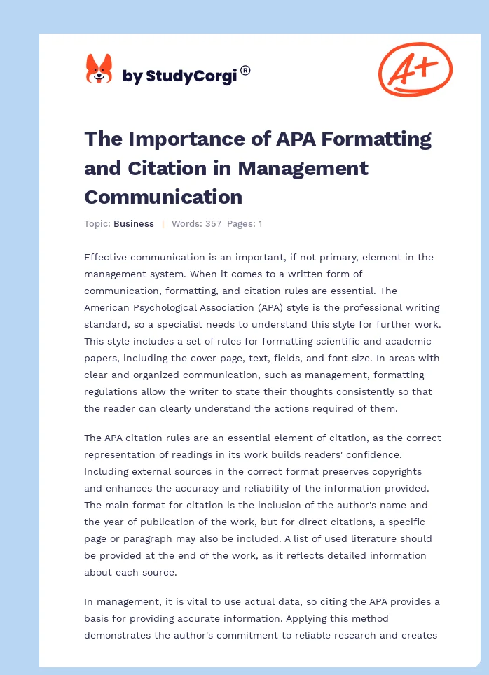 The Importance of APA Formatting and Citation in Management Communication. Page 1