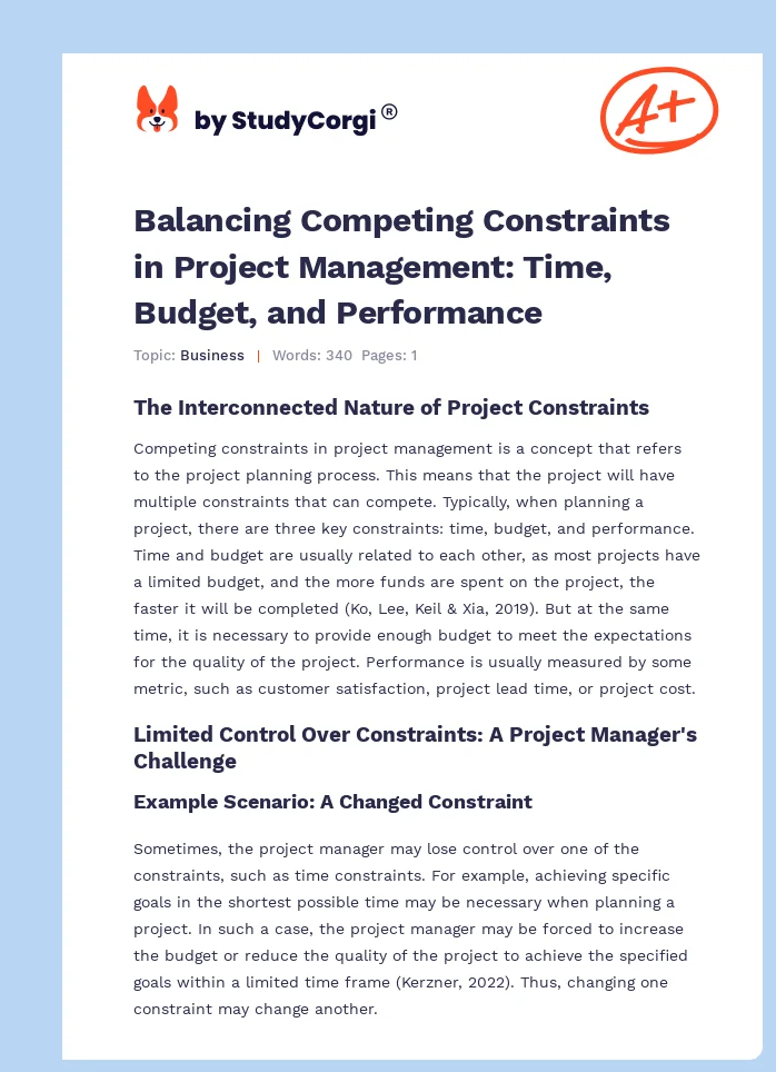 Balancing Competing Constraints in Project Management: Time, Budget, and Performance. Page 1