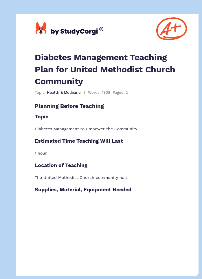 Diabetes Management Teaching Plan for United Methodist Church Community. Page 1