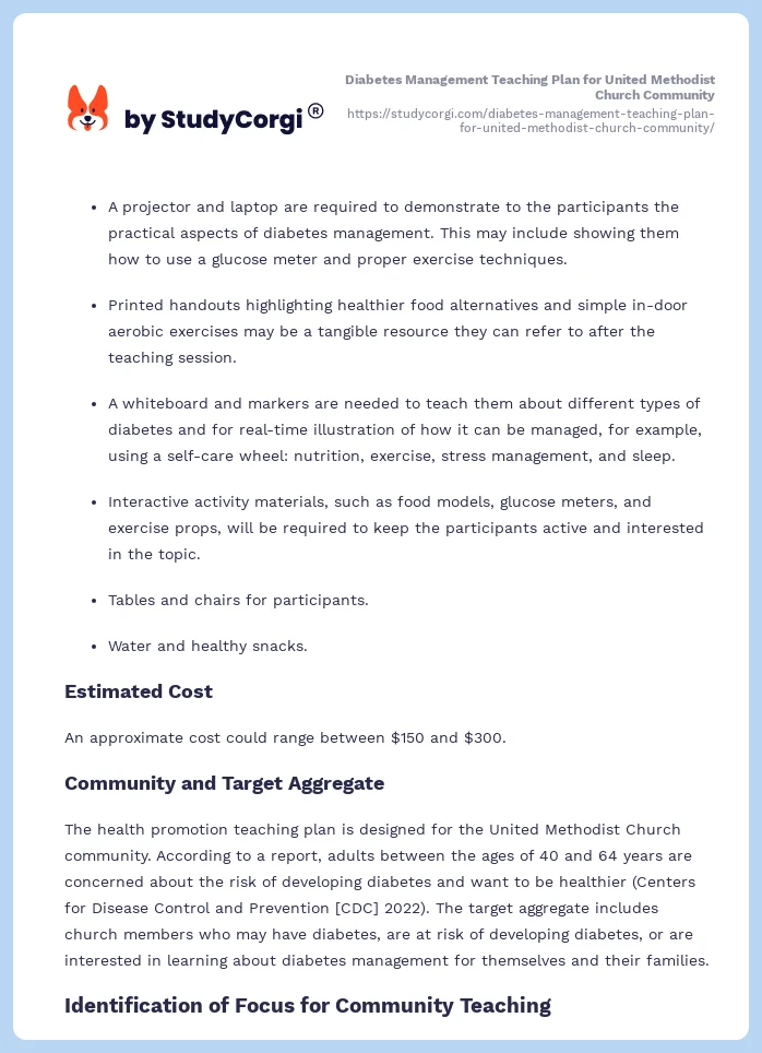 Diabetes Management Teaching Plan for United Methodist Church Community. Page 2