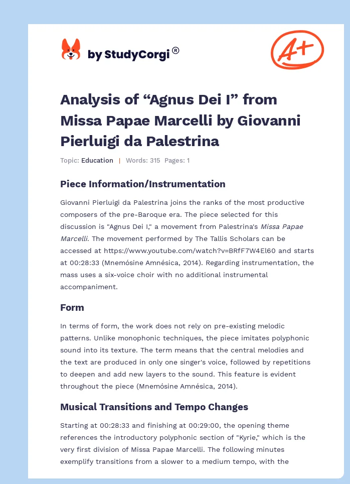 Analysis of “Agnus Dei I” from Missa Papae Marcelli by Giovanni Pierluigi da Palestrina. Page 1