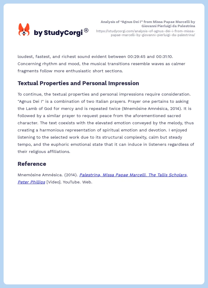 Analysis of “Agnus Dei I” from Missa Papae Marcelli by Giovanni Pierluigi da Palestrina. Page 2