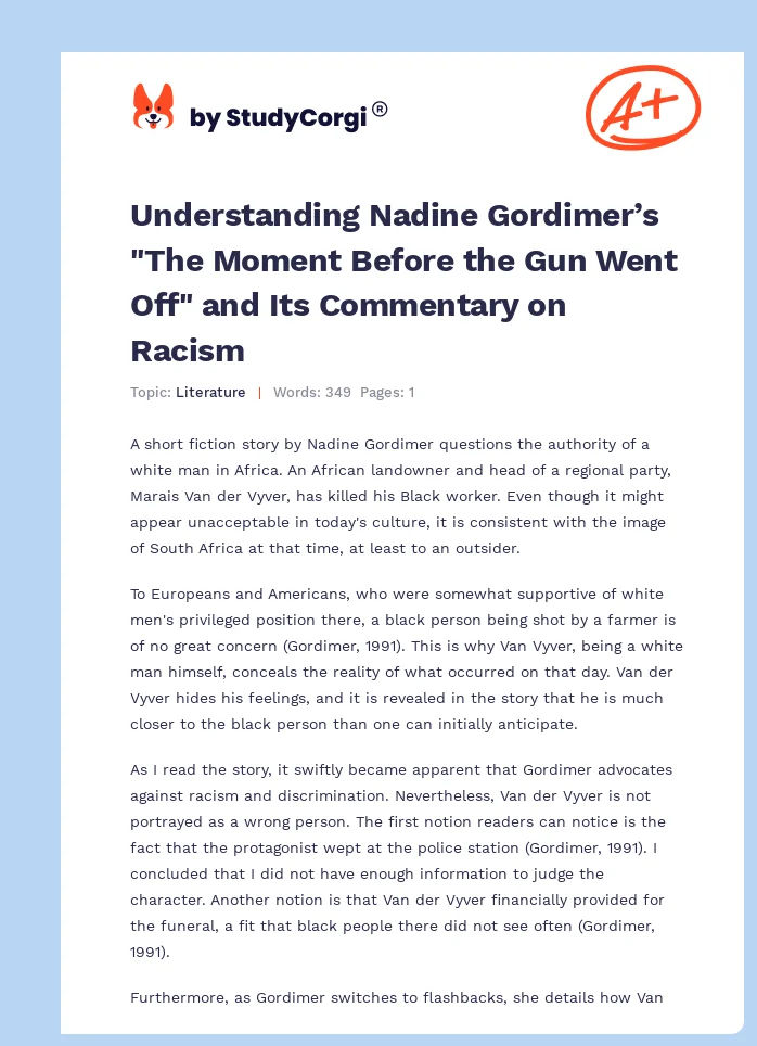 Understanding Nadine Gordimer’s "The Moment Before the Gun Went Off" and Its Commentary on Racism. Page 1