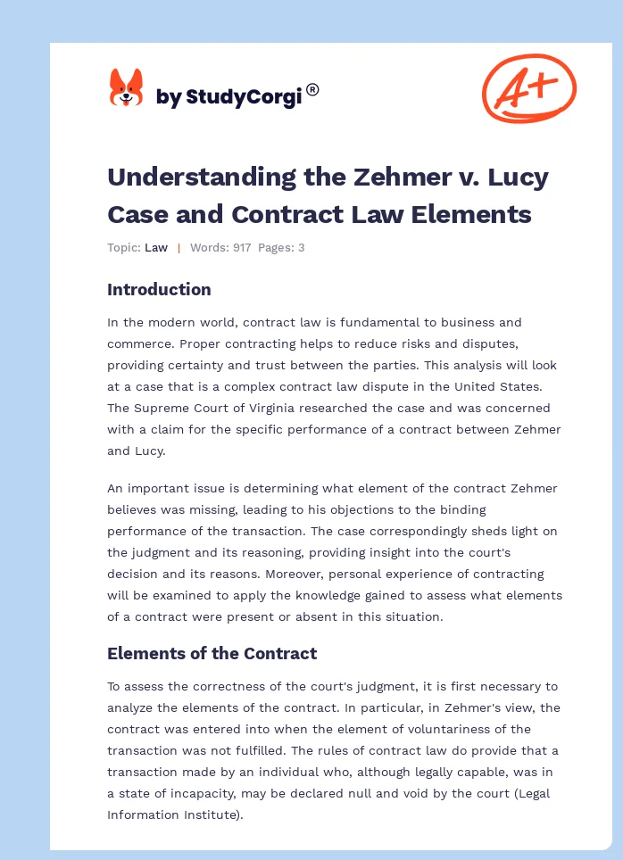 Understanding the Zehmer v. Lucy Case and Contract Law Elements. Page 1