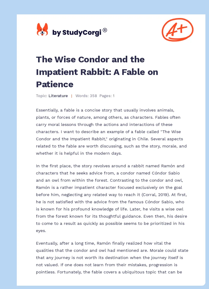 The Wise Condor and the Impatient Rabbit: A Fable on Patience. Page 1