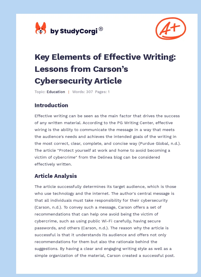 Key Elements of Effective Writing: Lessons from Carson’s Cybersecurity Article. Page 1