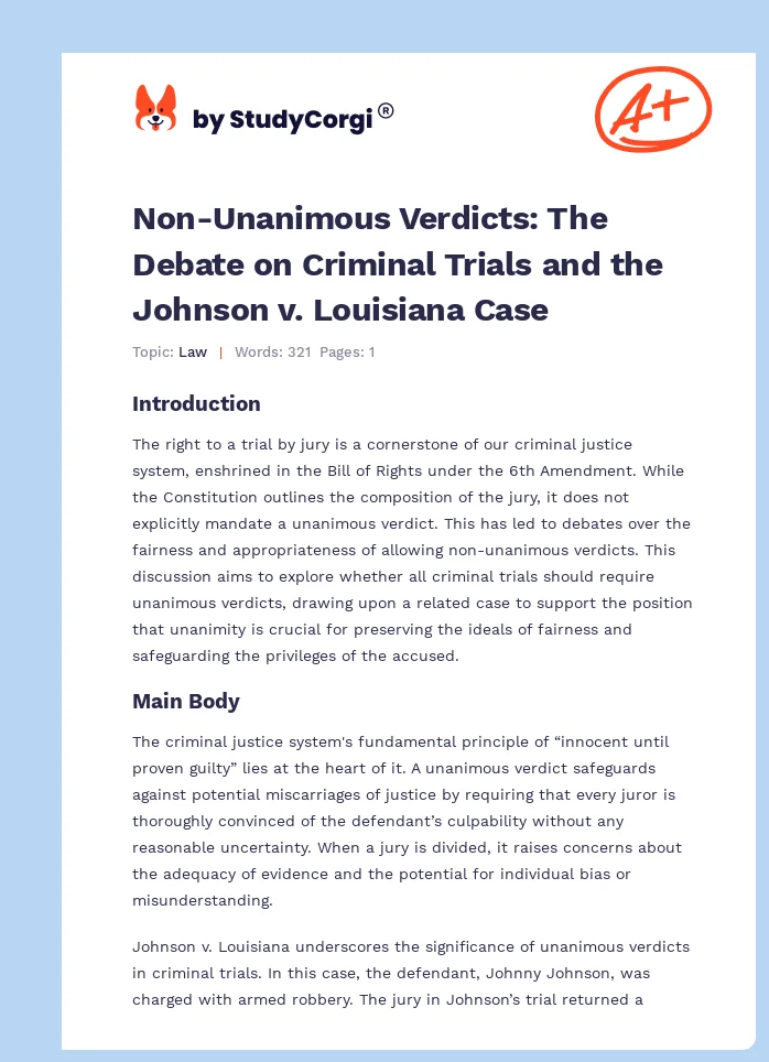 Non-Unanimous Verdicts: The Debate on Criminal Trials and the Johnson v. Louisiana Case. Page 1