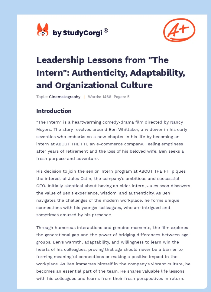 Leadership Lessons from "The Intern": Authenticity, Adaptability, and Organizational Culture. Page 1