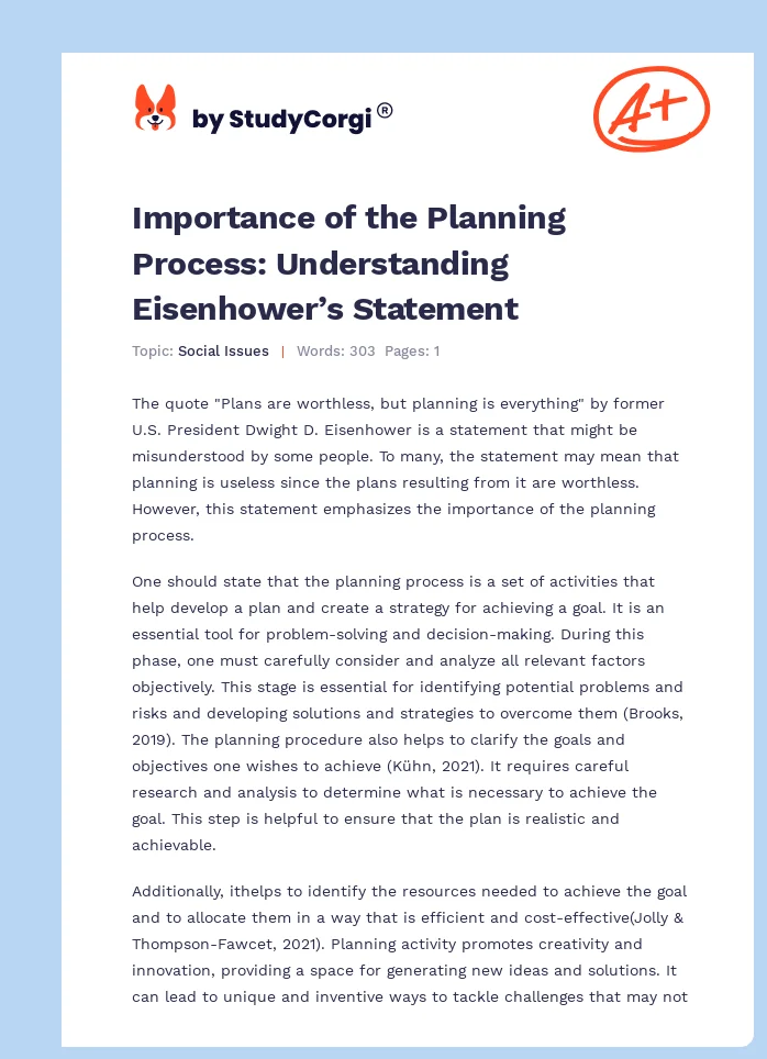 Importance of the Planning Process: Understanding Eisenhower’s Statement. Page 1