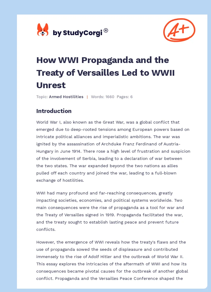 How WWI Propaganda and the Treaty of Versailles Led to WWII Unrest. Page 1