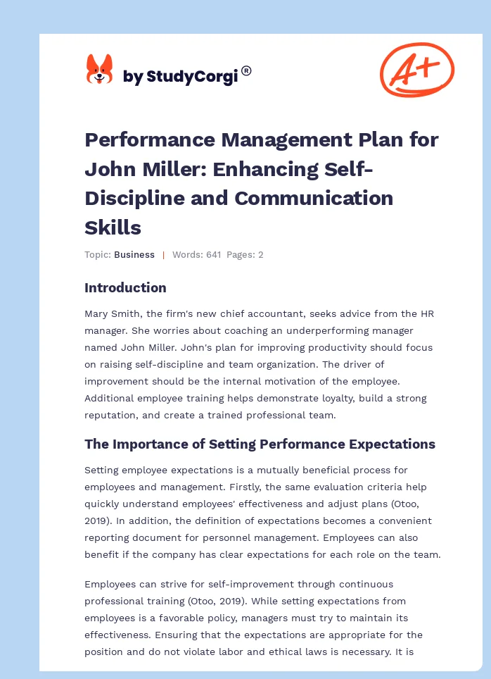 Performance Management Plan for John Miller: Enhancing Self-Discipline and Communication Skills. Page 1