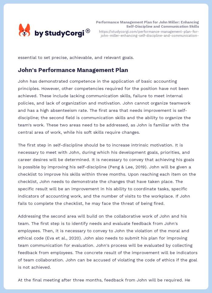 Performance Management Plan for John Miller: Enhancing Self-Discipline and Communication Skills. Page 2