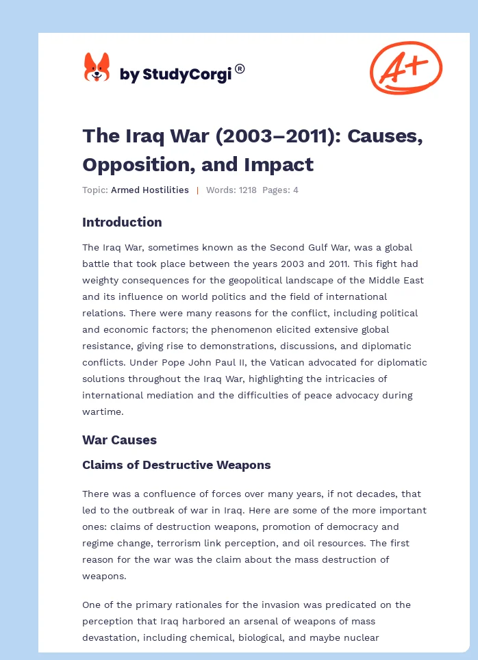 The Iraq War (2003–2011): Causes, Opposition, and Impact. Page 1