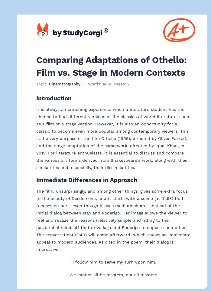 Comparing Adaptations of Othello: Film vs. Stage in Modern Contexts. Page 1