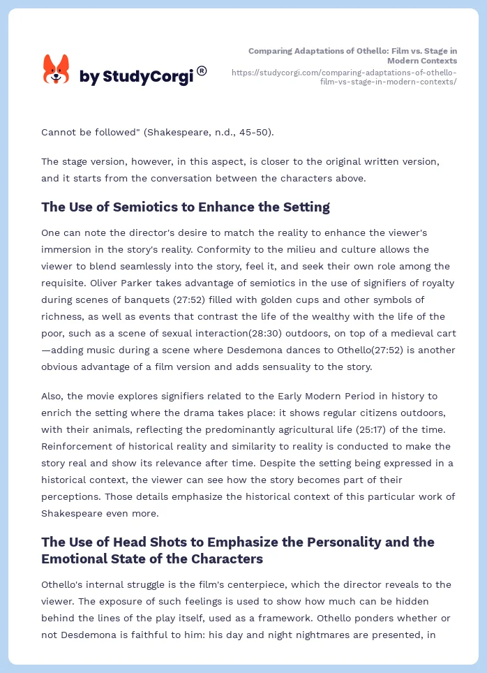 Comparing Adaptations of Othello: Film vs. Stage in Modern Contexts. Page 2