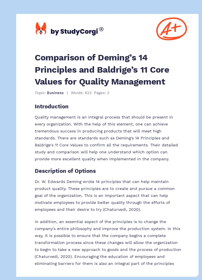 Comparison of Deming’s 14 Principles and Baldrige’s 11 Core Values for Quality Management. Page 1