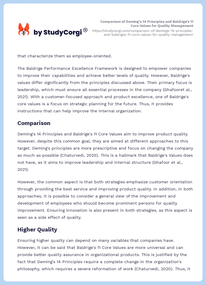 Comparison of Deming’s 14 Principles and Baldrige’s 11 Core Values for Quality Management. Page 2