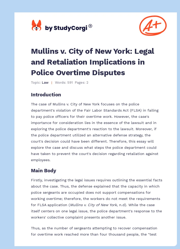 Mullins v. City of New York: Legal and Retaliation Implications in Police Overtime Disputes. Page 1