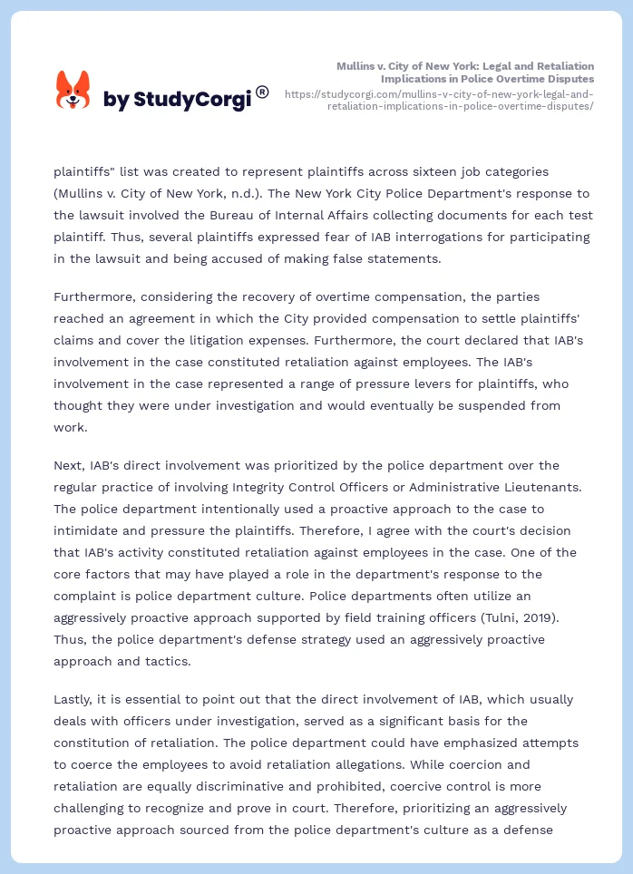 Mullins v. City of New York: Legal and Retaliation Implications in Police Overtime Disputes. Page 2