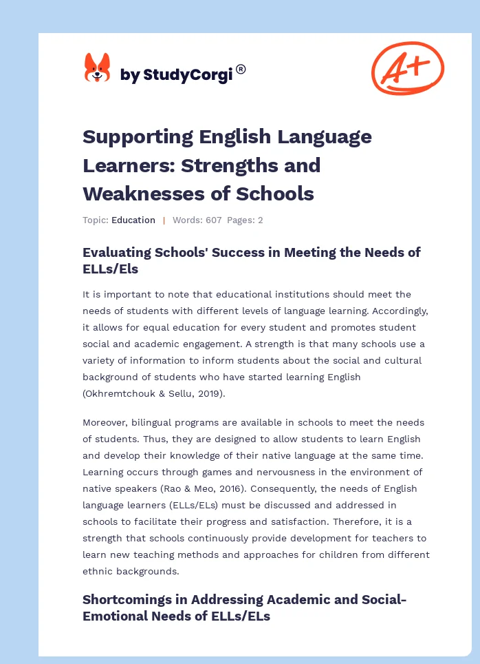 Supporting English Language Learners: Strengths and Weaknesses of Schools. Page 1