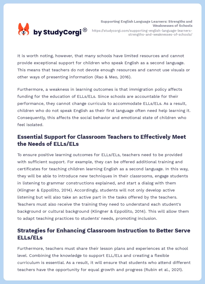 Supporting English Language Learners: Strengths and Weaknesses of Schools. Page 2