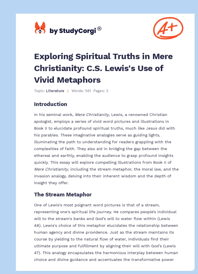 Exploring Spiritual Truths in Mere Christianity: C.S. Lewis's Use of Vivid Metaphors. Page 1