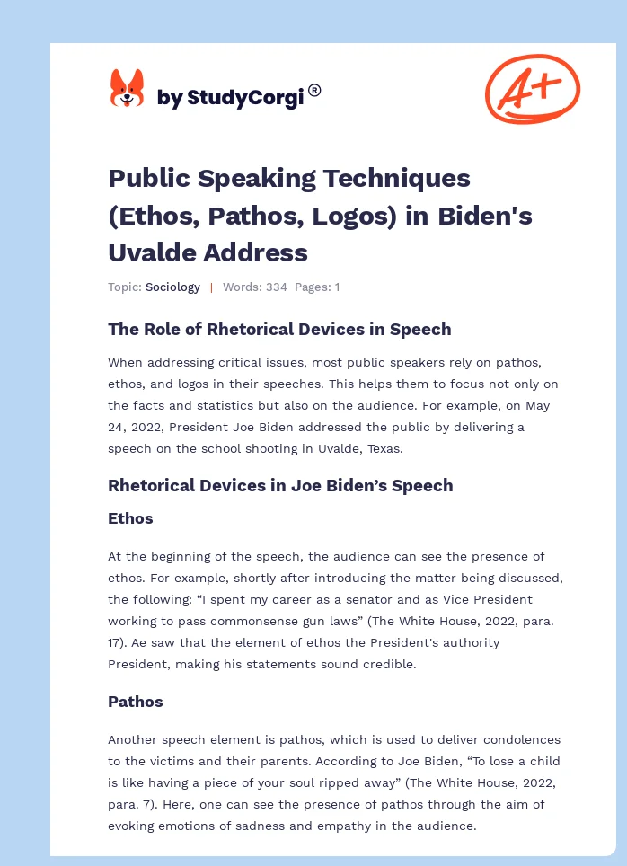 Public Speaking Techniques (Ethos, Pathos, Logos) in Biden's Uvalde Address. Page 1