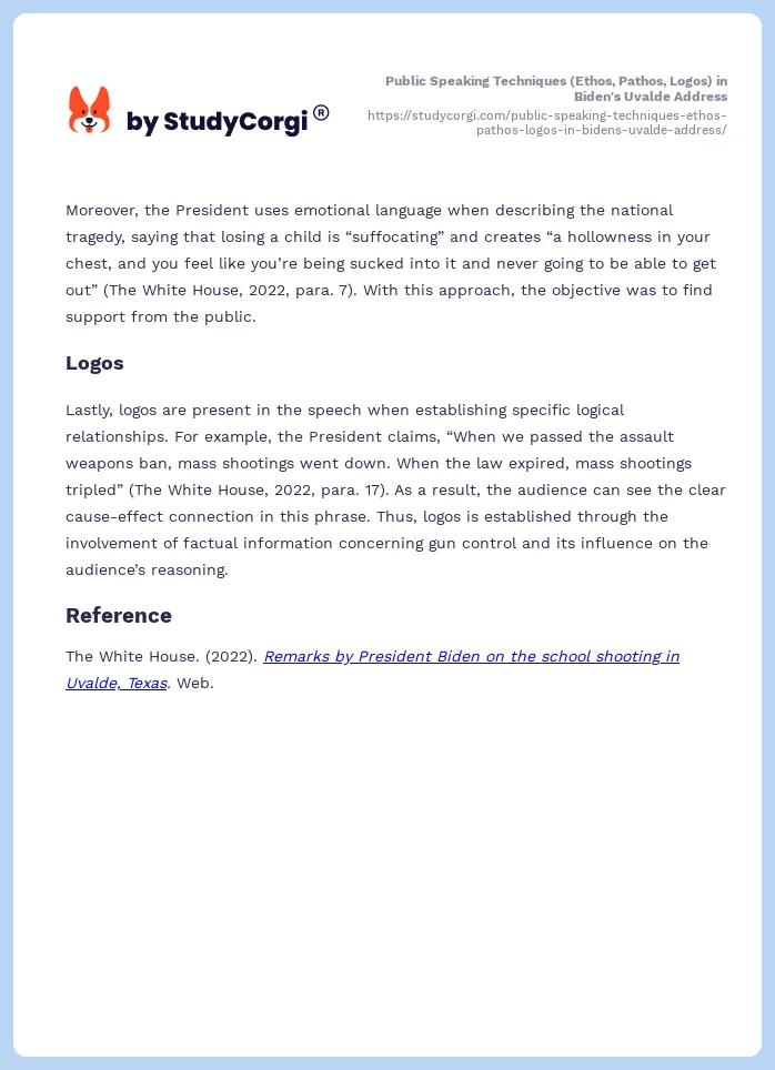 Public Speaking Techniques (Ethos, Pathos, Logos) in Biden's Uvalde Address. Page 2