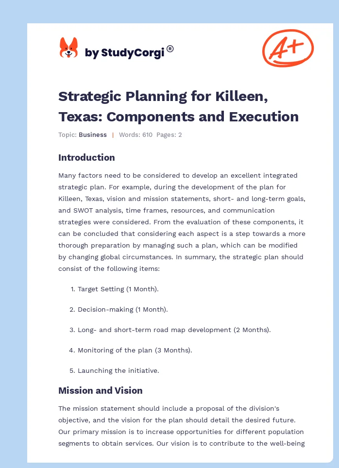 Strategic Planning for Killeen, Texas: Components and Execution. Page 1