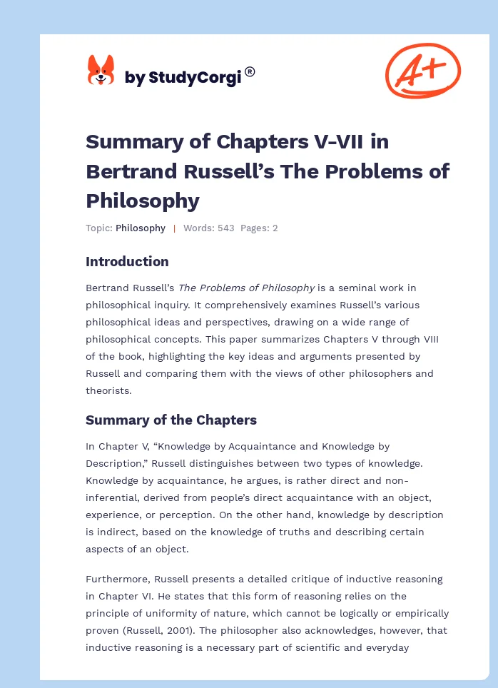 Summary of Chapters V-VII in Bertrand Russell’s The Problems of Philosophy. Page 1