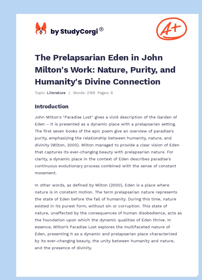 The Prelapsarian Eden in John Milton's Work: Nature, Purity, and Humanity's Divine Connection. Page 1