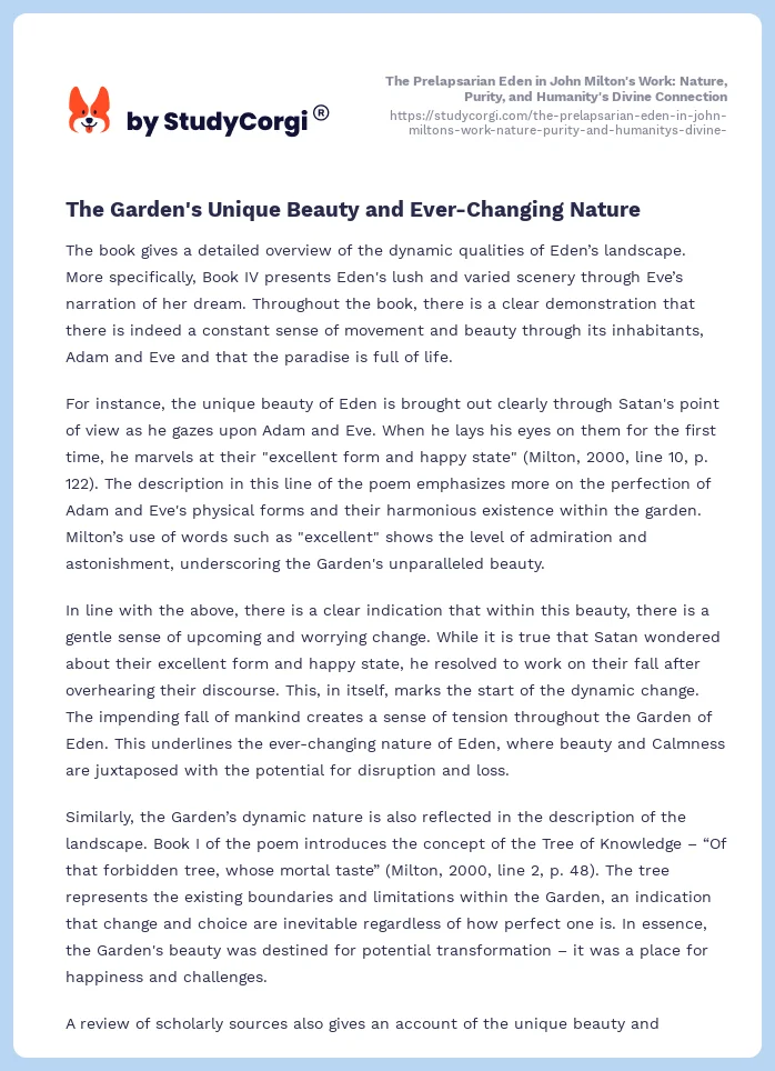 The Prelapsarian Eden in John Milton's Work: Nature, Purity, and Humanity's Divine Connection. Page 2