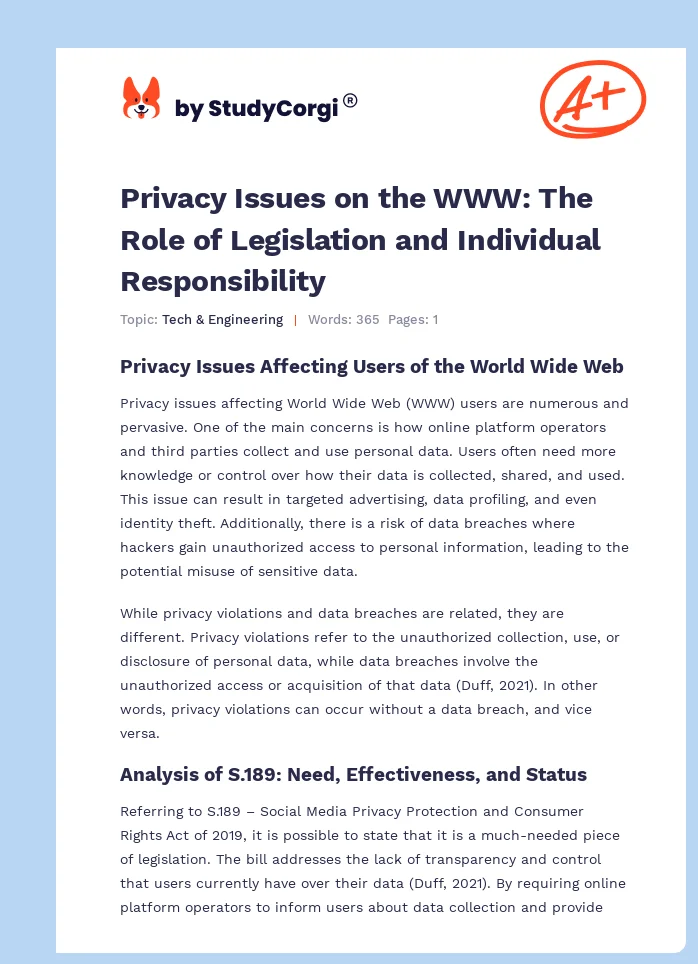 Privacy Issues on the WWW: The Role of Legislation and Individual Responsibility. Page 1