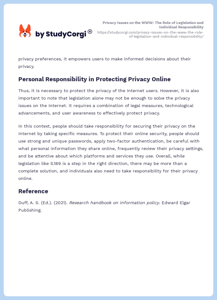 Privacy Issues on the WWW: The Role of Legislation and Individual Responsibility. Page 2