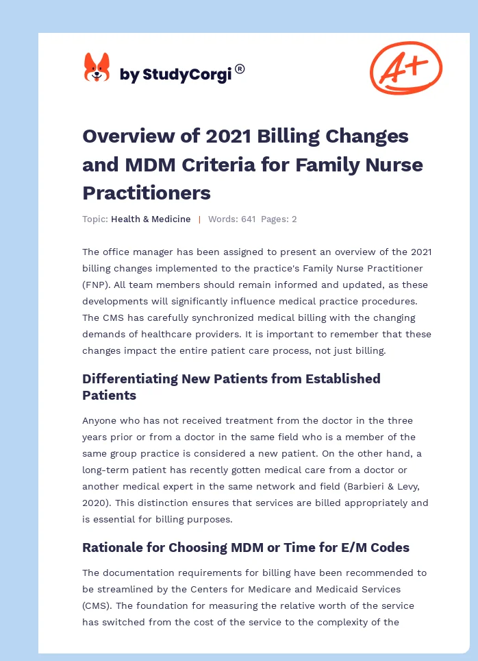 Overview of 2021 Billing Changes and MDM Criteria for Family Nurse Practitioners. Page 1