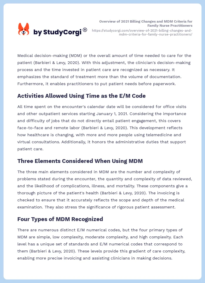 Overview of 2021 Billing Changes and MDM Criteria for Family Nurse Practitioners. Page 2